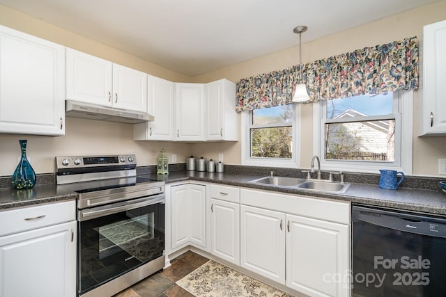 kitchen featuring under cabinet range hood, a sink, black dishwasher, dark countertops, and stainless steel electric range oven