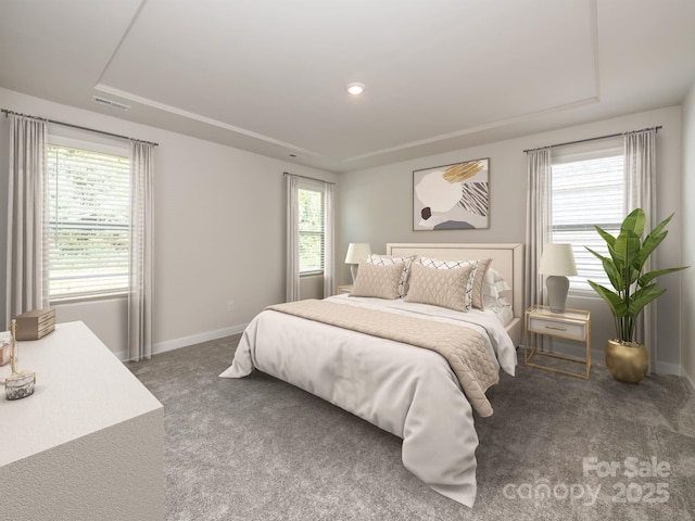 bedroom with baseboards, visible vents, a tray ceiling, and carpet flooring