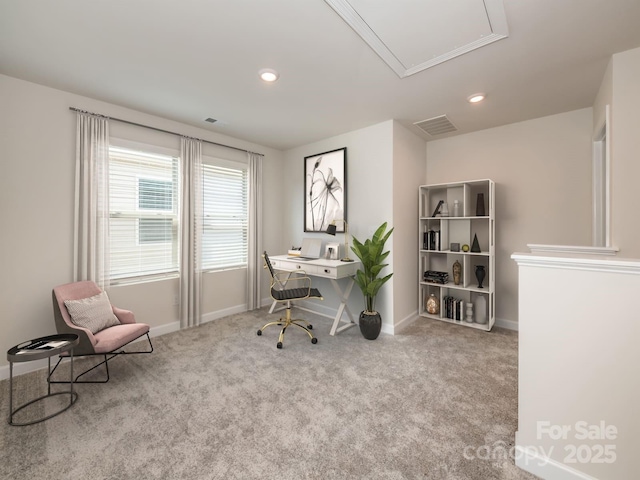 home office featuring attic access, visible vents, baseboards, carpet flooring, and recessed lighting