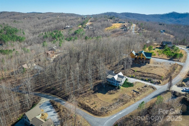 birds eye view of property featuring a forest view and a mountain view