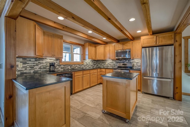 kitchen featuring stainless steel appliances, dark countertops, beam ceiling, and decorative backsplash