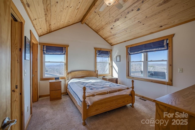 bedroom with baseboards, visible vents, wooden ceiling, vaulted ceiling with beams, and carpet flooring