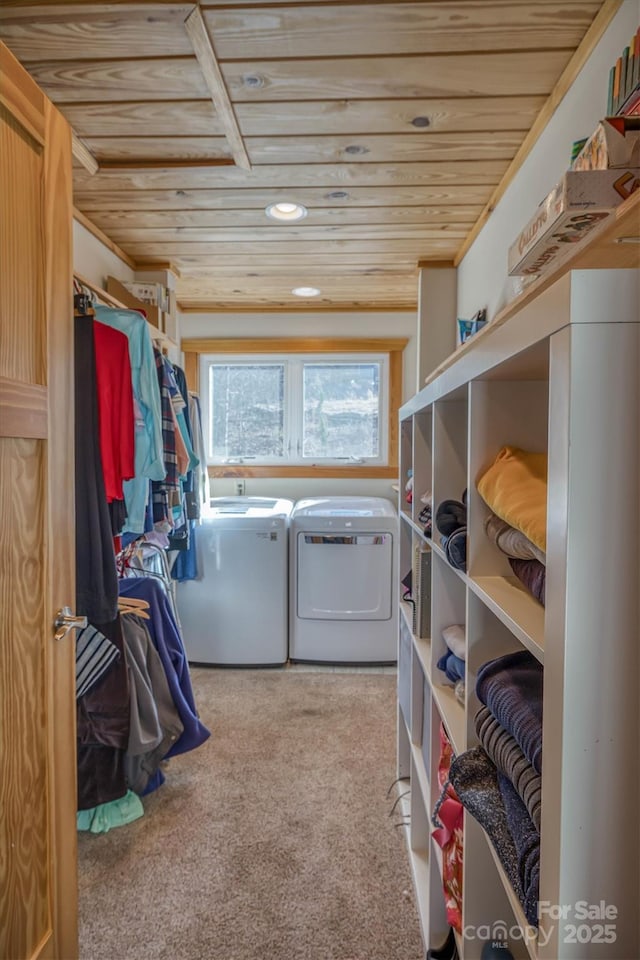 washroom with wood ceiling, laundry area, washer and clothes dryer, and recessed lighting