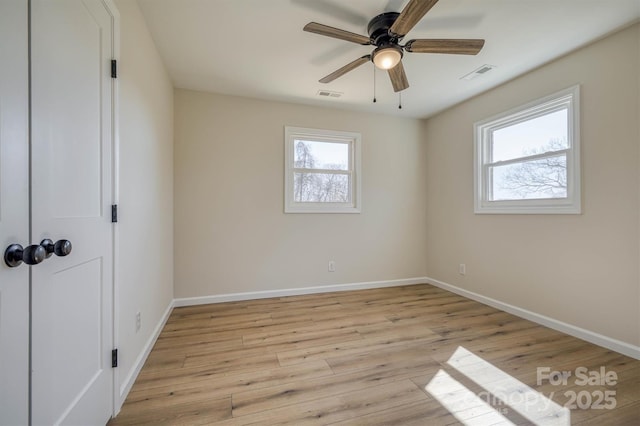 unfurnished bedroom with visible vents, baseboards, a ceiling fan, and light wood finished floors