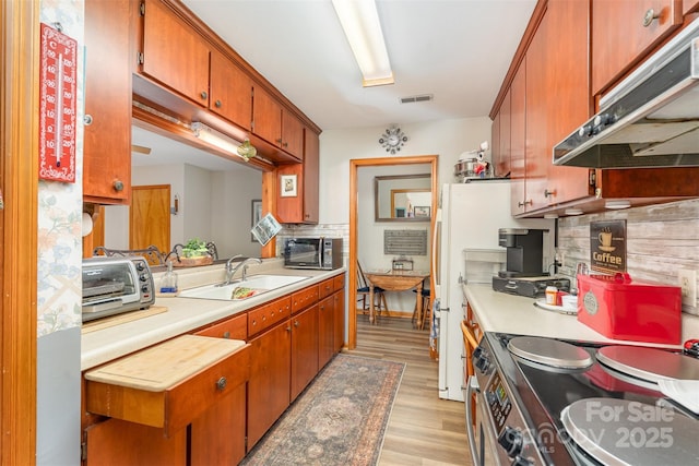 kitchen with appliances with stainless steel finishes, light countertops, a sink, and under cabinet range hood