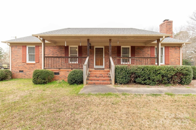 ranch-style home featuring a porch, crawl space, brick siding, and a chimney