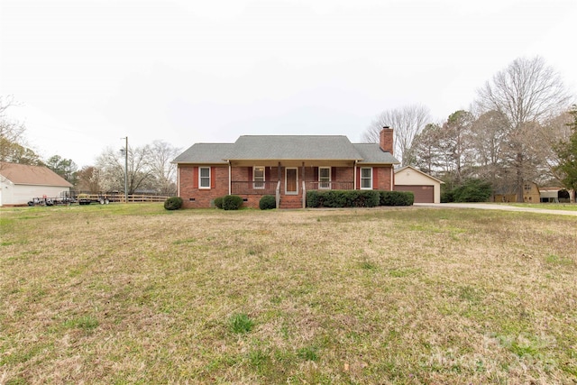 ranch-style house with brick siding, a chimney, crawl space, an outdoor structure, and a front lawn