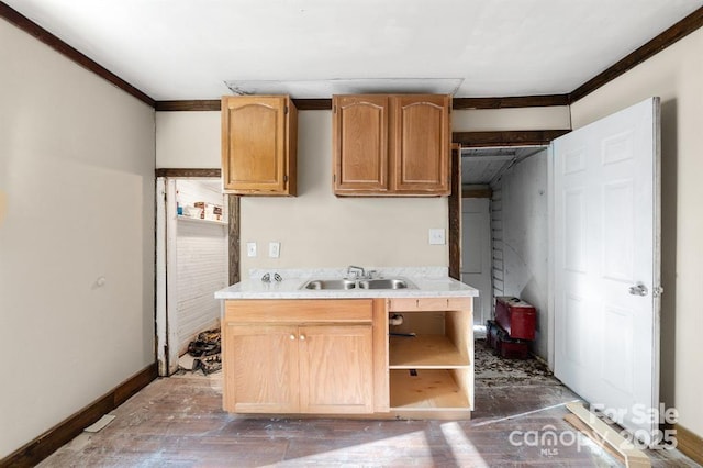 kitchen with baseboards, light countertops, a sink, and crown molding