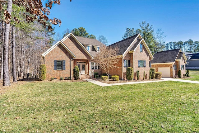 view of front facade featuring a garage, concrete driveway, brick siding, and a front lawn