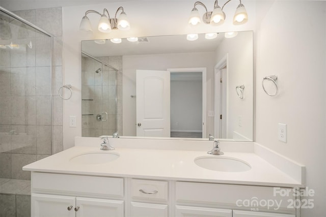 5532 Axil Ln, Charlotte, NC 28269 - bathroom with double vanity, a stall shower, and a sink