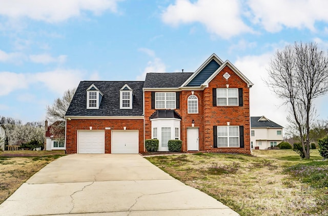 view of front facade featuring a garage, brick siding, concrete driveway, and a front lawn