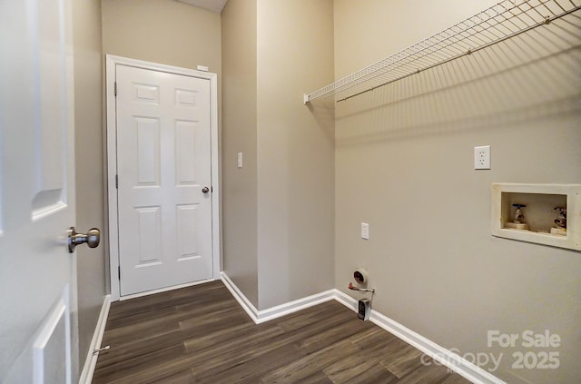 laundry room with electric dryer hookup, dark wood-type flooring, baseboards, hookup for a washing machine, and laundry area