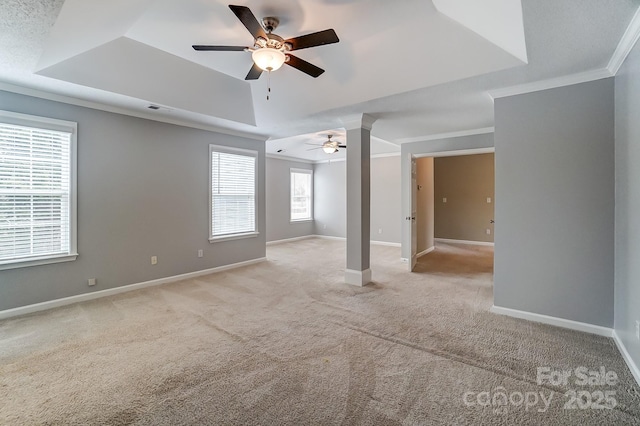 spare room with baseboards, visible vents, ornamental molding, a raised ceiling, and light colored carpet