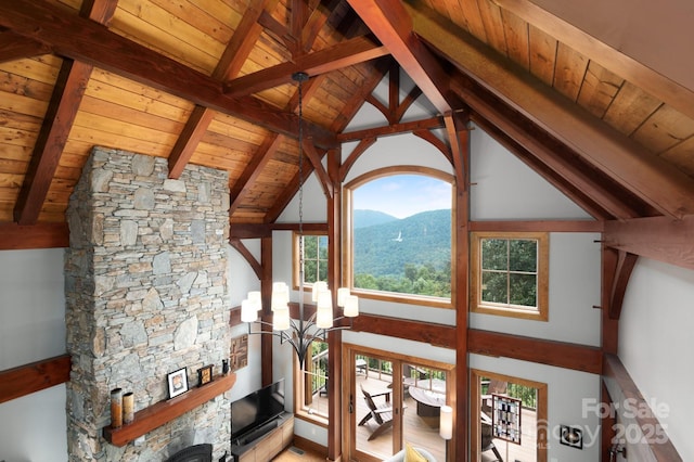 details featuring wood ceiling, a mountain view, and beamed ceiling