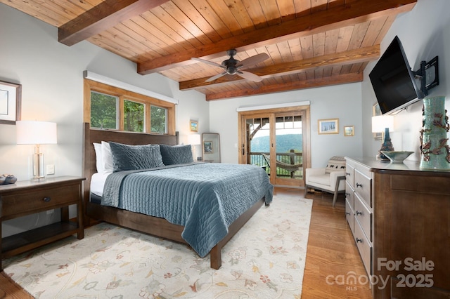 bedroom featuring beam ceiling, access to exterior, light wood-style floors, wooden ceiling, and ceiling fan