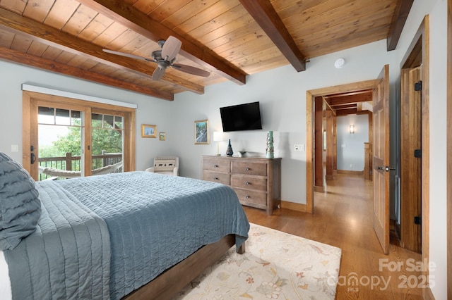 bedroom featuring light wood-type flooring, beam ceiling, wood ceiling, and access to exterior