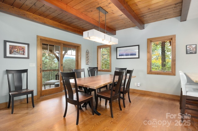 dining area featuring beam ceiling, wood ceiling, light wood-type flooring, and a wealth of natural light