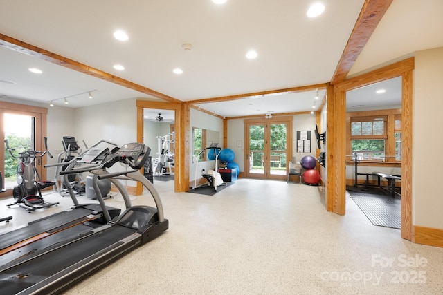 exercise room featuring recessed lighting and french doors