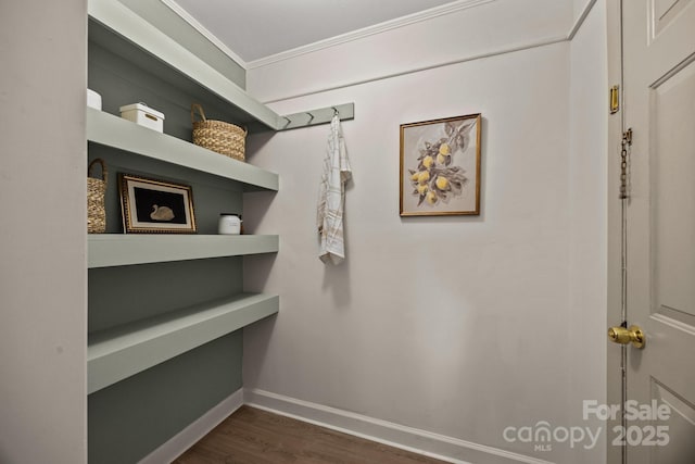 interior space with dark wood-style floors, baseboards, and crown molding