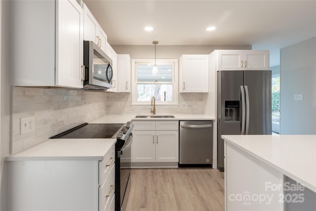 kitchen featuring white cabinets, appliances with stainless steel finishes, decorative backsplash, and a sink