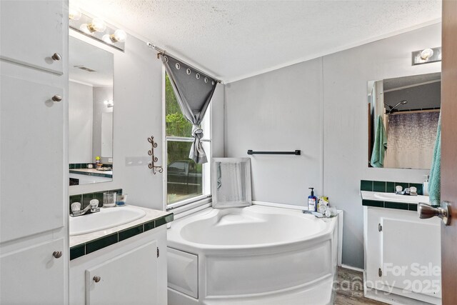full bath with a textured ceiling, visible vents, a bath, two vanities, and a sink