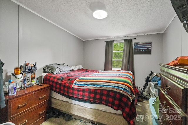 bedroom featuring a textured ceiling, vaulted ceiling, and carpet