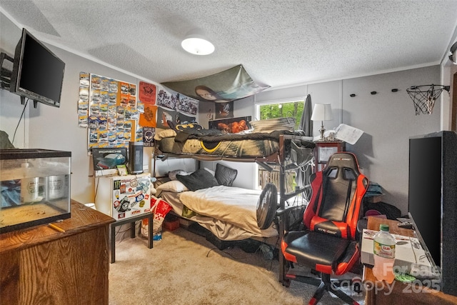 bedroom with a textured ceiling, carpet, and lofted ceiling