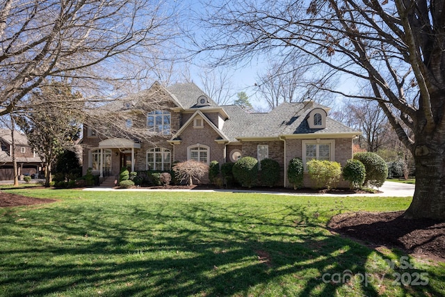 view of front facade featuring a shingled roof, a front lawn, and brick siding