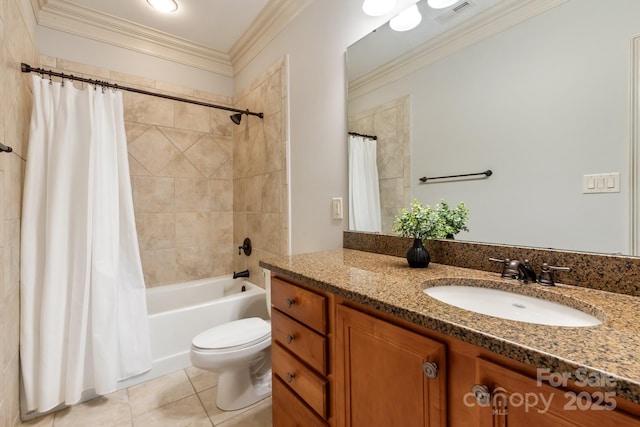 bathroom featuring visible vents, toilet, ornamental molding, vanity, and tile patterned floors