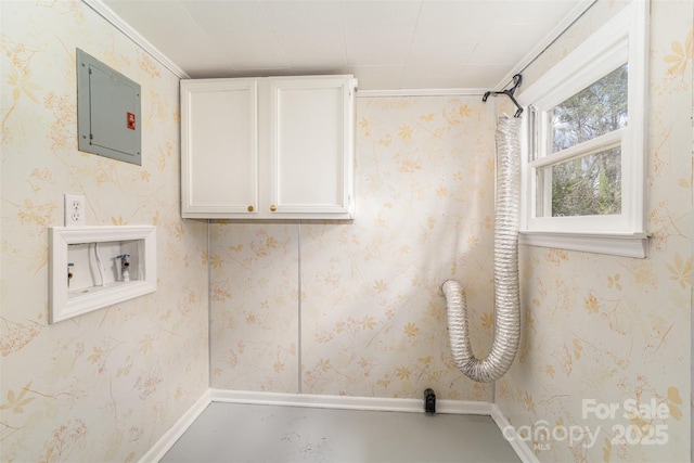 laundry area featuring cabinet space, wallpapered walls, electric panel, baseboards, and washer hookup