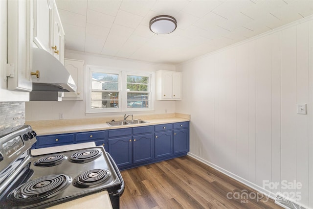 kitchen with blue cabinetry, stainless steel electric range, a sink, and white cabinetry