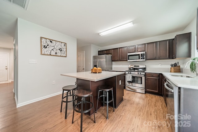 kitchen with visible vents, a kitchen island, a breakfast bar area, stainless steel appliances, and a sink