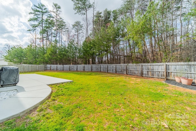 view of yard with a fenced backyard and a patio