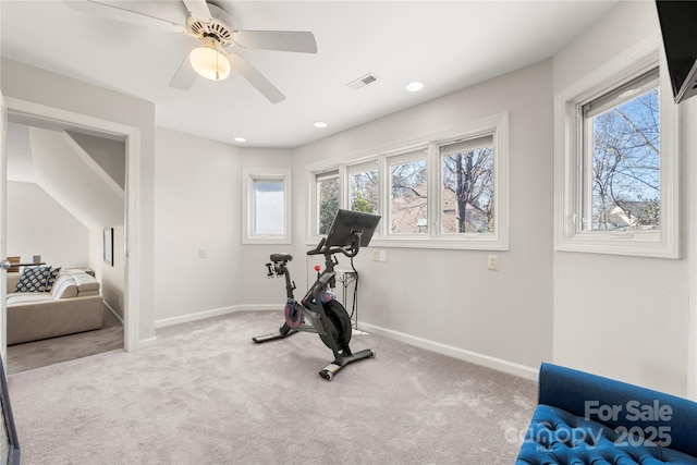 workout area with baseboards, visible vents, recessed lighting, ceiling fan, and carpet flooring