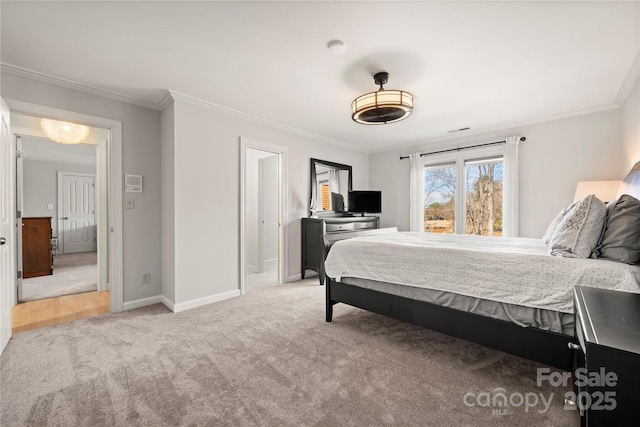 bedroom featuring visible vents, light colored carpet, baseboards, and ornamental molding
