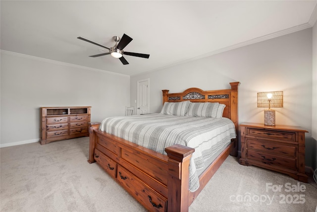 bedroom featuring light colored carpet, baseboards, ceiling fan, and ornamental molding