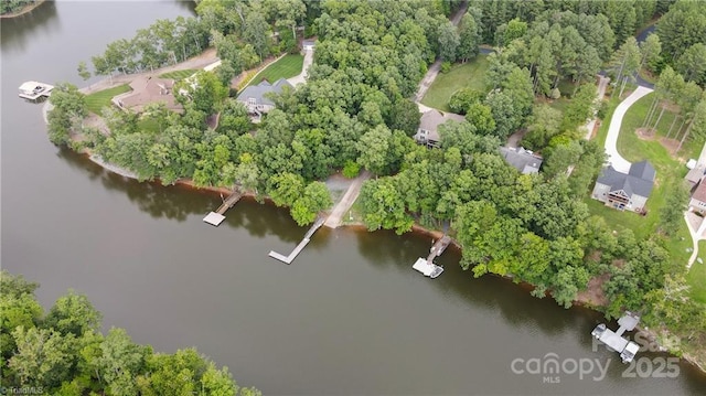 drone / aerial view featuring a water view