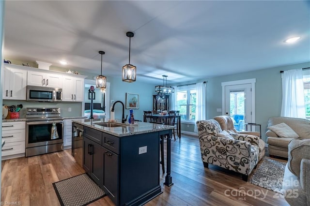 kitchen featuring white cabinets, open floor plan, dark wood-type flooring, stainless steel appliances, and a sink