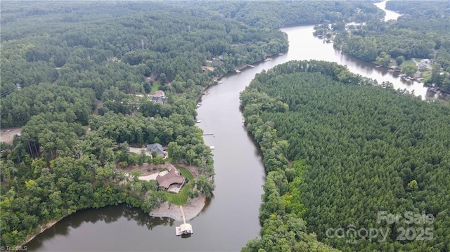 aerial view featuring a water view and a wooded view