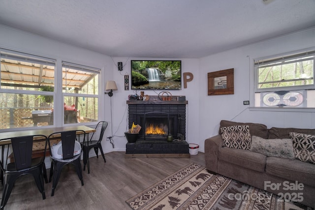 living room featuring a brick fireplace, wood finished floors, and a healthy amount of sunlight