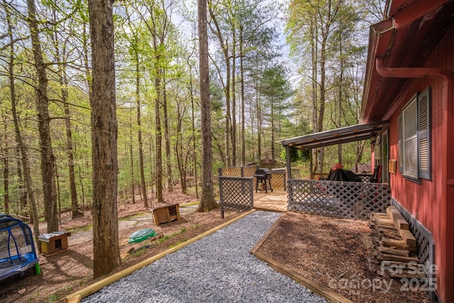 view of yard featuring a trampoline and a deck