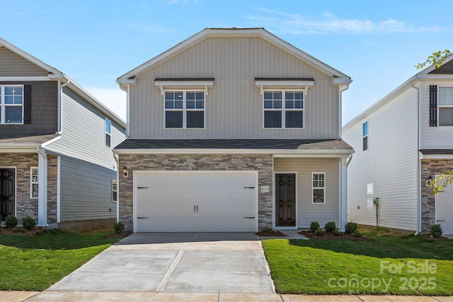 view of front of house with an attached garage, board and batten siding, a front yard, stone siding, and driveway