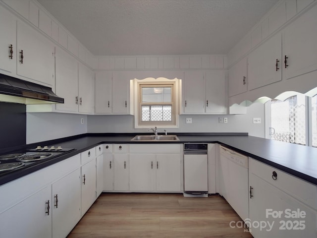 kitchen featuring white cabinetry, white dishwasher, under cabinet range hood, and a sink