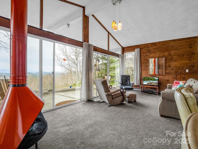 675 Foster Hill Dr, Hendersonville, NC 28739 - living area with carpet, beamed ceiling, wood walls, a mountain view, and high vaulted ceiling