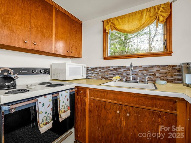 675 Foster Hill Dr, Hendersonville, NC 28739 - kitchen with white appliances, light countertops, tasteful backsplash, and a sink