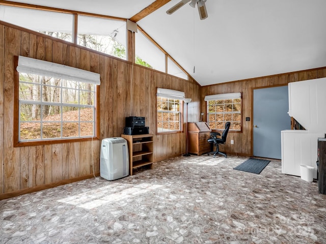 675 Foster Hill Dr, Hendersonville, NC 28739 - interior space featuring a healthy amount of sunlight, wood walls, and ceiling fan