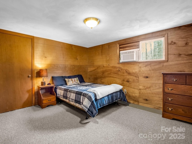 675 Foster Hill Dr, Hendersonville, NC 28739 - bedroom featuring cooling unit, carpet floors, and wooden walls