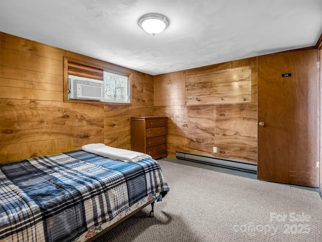675 Foster Hill Dr, Hendersonville, NC 28739 - carpeted bedroom featuring a baseboard heating unit, cooling unit, and wood walls