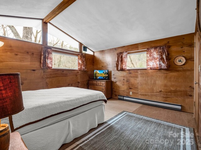 675 Foster Hill Dr, Hendersonville, NC 28739 - bedroom with wooden walls, vaulted ceiling with beams, and a baseboard radiator