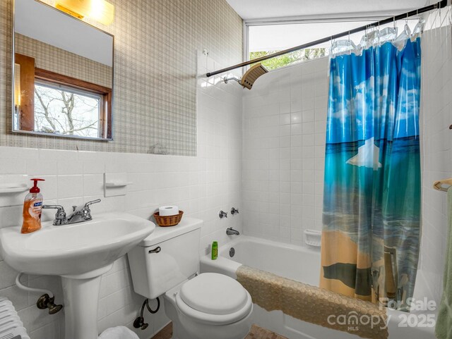 675 Foster Hill Dr, Hendersonville, NC 28739 - full bathroom with radiator, shower / bath combo with shower curtain, toilet, and tile walls